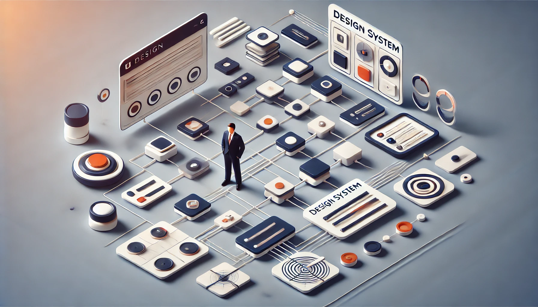 Illustration conceptuelle d'un design system avec ses différents composants et leur interaction